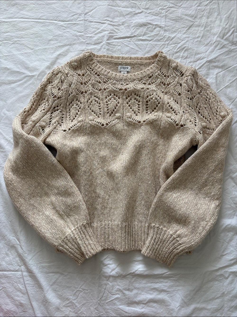 J. Crew Openwork Yoke Crewneck Sweater in Cream